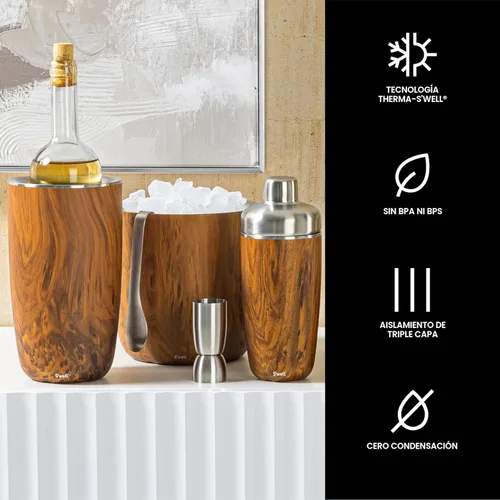 Miniatura 3 de S'well Cubo de hielo de acero inoxidable con pinzas, capacidad de 68 onzas, acabado de madera de teca, aislamiento al vacío de triple capa