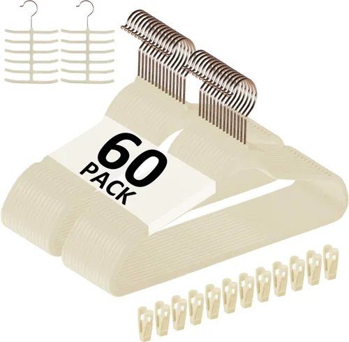 Miniatura 30 de VECELO Perchas de terciopelo de alta calidad resistentes (paquete de 60), antideslizantes y ahorran espacio con 8 clips para los dedos y soporte