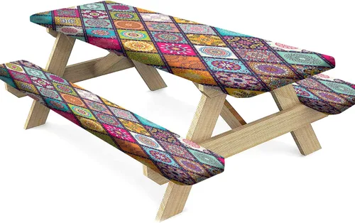 Miniatura 15 de Mantel ajustable para mesa y banco de pícnic de Halloween, diseño de fantasma, impermeable, 28 x 72 pulgadas, juego de 3 piezas, mantel ajustable al