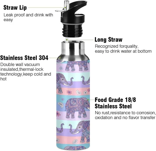 Miniatura 3 de Elephants Insulated Stainless Steel Water Bottle with Straw 20 Oz Leakproof Water Bottles, BPA-Free Sports Water Bottle with Straw