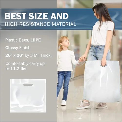 Miniatura 3 de PPB - Bolsas de plástico blanco de 26 x 26 pulgadas, acabado brillante, tamaño de venta al por menor, paquete de 50, 3 mil de grosor, con asas