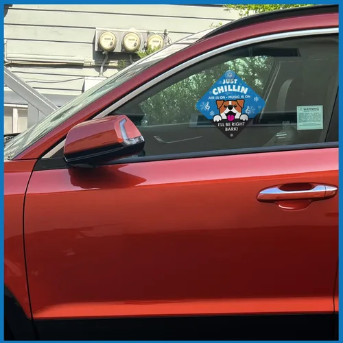Miniatura 7 de Just Chillin - Letrero de seguridad para mascotas para ventana de automóvil, alerta de reproducción de música AC On para dueños de perros