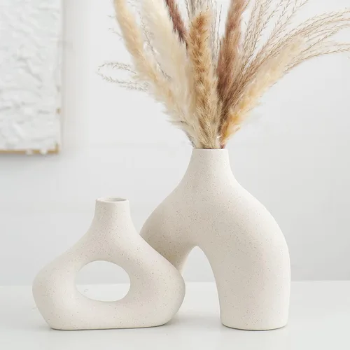 CEMABT Juego de 2 jarrones de cerámica beige para decoración bohemia minimalista moderna, jarrones redondos mate en forma de dona para hierba de las