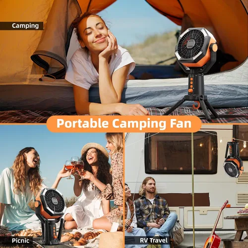 Miniatura 6 de MORIKO Trípode de ventiladores de mesa, 20000 mAh, recargable, funciona con pilas, ventilador portátil para tienda de campaña con linterna LED