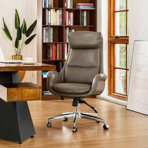 Miniatura 8 de Glitzhome Mid-Century - Silla de oficina giratoria ajustable de piel sintética con respaldo alto, silla de trabajo ajustable con soporte lumbar