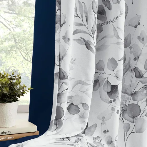 Miniatura 13 de Cortinas 100% opacas con patrón floral azul, 96 pulgadas de largo para dormitorio, estampado de hojas de acuarela, cortinas con aislamiento térmico
