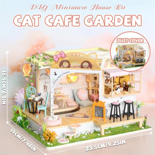 Miniatura 2 de Kit de casa de muñecas en miniatura Kisoy con muebles, modelo de casa hecho a mano DIY para adolescentes, regalo para adultos (Café Gato Jardín)