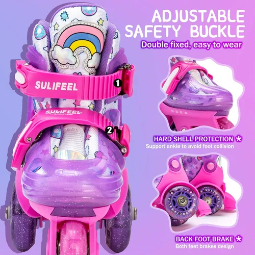Miniatura 4 de SULIFEEL Patines ajustables Rainbow Unicorn para niñas, tamaño mediano y SULIFEEL para niños, talla S