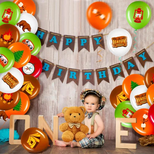 Miniatura 5 de 45 globos de campista, coloridos globos de fiesta de campamento, suministros de fiesta temática de aventura con cinta verde y marrón, kits de globos