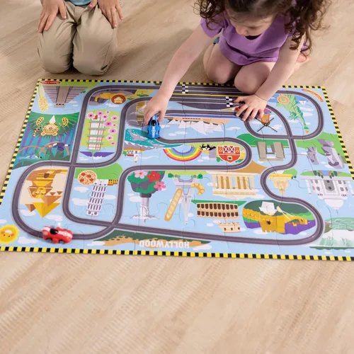 Miniatura 8 de Melissa & Doug Race Around The World Tracks - Rompecabezas de suelo de cartón y vehículos de cuerda (48 piezas) para preescolares y niños de 4+ años