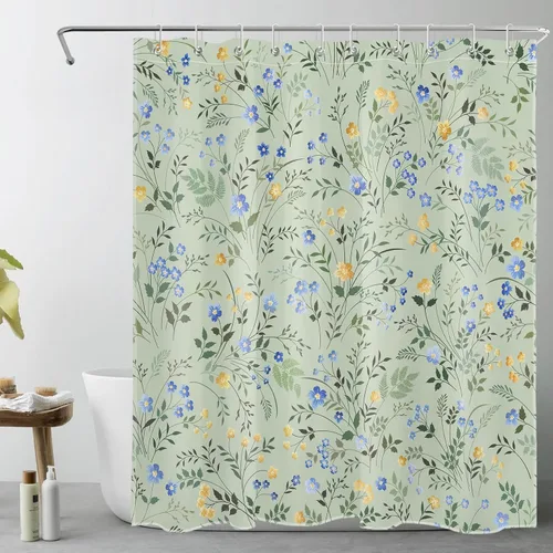 Miniatura 11 de LB Cortina de Ducha Decorativa de Flores Silvestres del Campo, Flores Azules y Amarillas con Planta de Hojas Verdes sobre Beige, Cortina de Ducha