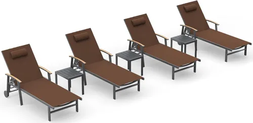 Miniatura 19 de Ciokea Sillón para exteriores con almohada, tumbona de aluminio de 5 posiciones con ruedas y reposabrazos, silla de piscina resistente de 400 libras