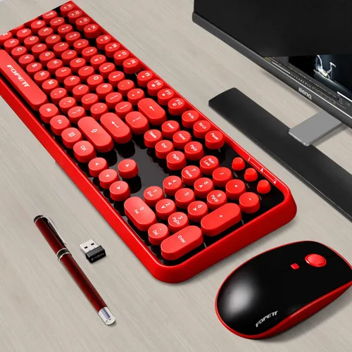 Miniatura 7 de FOPETT V2020 Combo de teclado y mouse inalámbricos, bonito teclado inalámbrico con llave roja redonda estilo retro, conectividad CapSecure de 2.4