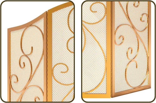 Miniatura 7 de Fire Beauty Pantalla de Chimenea de 3 Paneles de Hierro Forjado Metálico 48"(L) x 30"(H) Protector contra Chispas (Acabado Dorado)