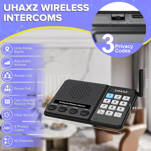 Miniatura 2 de Intercomunicadores inalámbricos para el hogar, intercomunicador de largo alcance de 6000 pies, sistema de intercomunicación doméstica de 10 canales