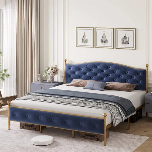 Miniatura 4 de Base de cama tapizada de tamaño matrimonial con botones y tela de terciopelo, base de colchón resistente con marco de metal y listones de madera
