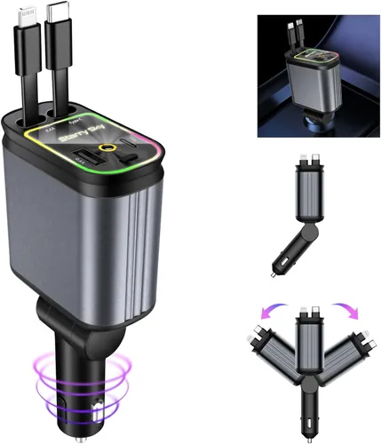 Miniatura 5 de Cargador de Coche Retráctil, Cargador de Coche de Carga Rápida 4 en 1 Compatible con USB-C y USB-A para iPhone 16/15/14/13/12/11/X, Galaxy, Pixel