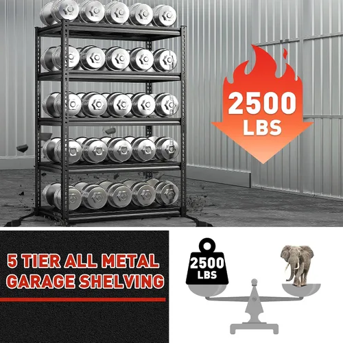 Miniatura 4 de REIBII Estantería de Garaje de 72" de Alto, Estantes de Almacenamiento de Servicio Pesado Carga 2500 LBS, Estantería Metálica de 5 Niveles Ajustable