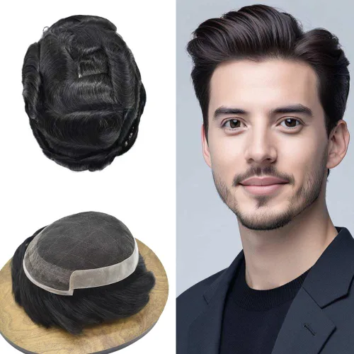 Miniatura 42 de Toupee Hair System For Men Real Human Hair Swiss Lace Mens Toupee Men Hair Replacement System Natural Hairline Mens Hairpieces 6X8"-80% light