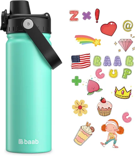 Miniatura 9 de baab Botella de Agua para Niños de 18 oz, Botella de Agua Aislada para Niños con Tapa de Boquilla Bloqueable y Calcomanías, Taza de Agua para Niños