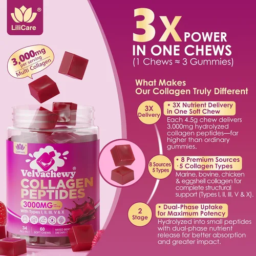 Miniatura 7 de Gomitas de colágeno + masticables suaves de biotina de 3000 mg para mujeres y hombres, péptidos de colágeno ultra hidrolizados que aumentan tipo I