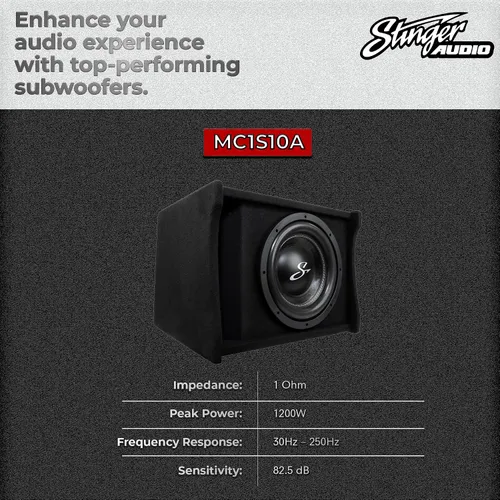 Miniatura 3 de Stinger Audio Single 10" 1200W ranura cargada ranura portada subwoofer gabinete de audio para coche 1 ohmio, subcaja ventilada premium para añadir
