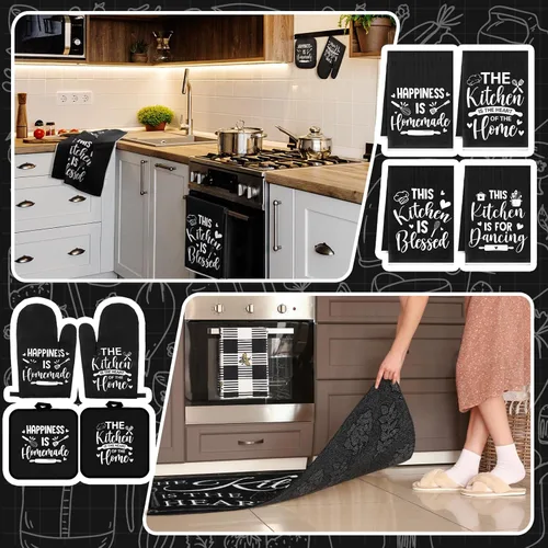 Miniatura 6 de Fourluoo Juego de 10 piezas de decoración y accesorios de cocina de granja, 4 toallas de cocina, 2 soportes para ollas, 2 guantes de horno, 2 Negro