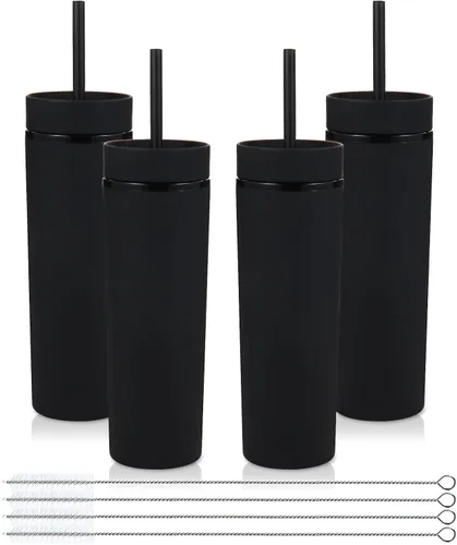 Miniatura 15 de Volhoply Vaso delgado de plástico de 16 onzas con tapa y pajita, paquete de 4 unidades, vasos aislados de doble pared de acrílico mate, sin BPA