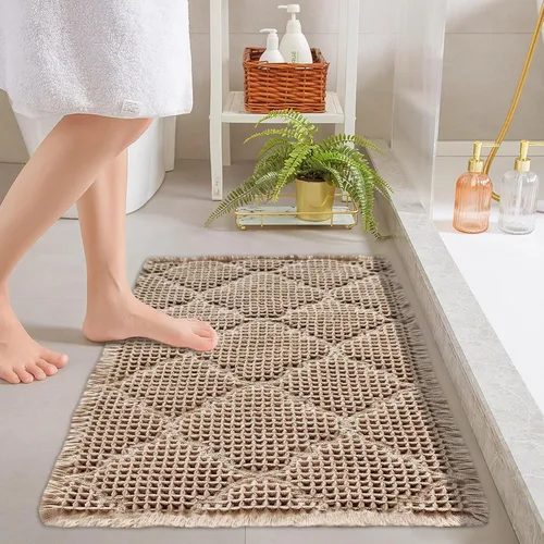 Miniatura 3 de ZALL Tapete de baño de punto gofre, súper absorbente, antideslizante, color marrón, 17 x 24 pulgadas, patrón geométrico de diamante, lavable a