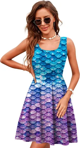 Miniatura 51 de uideazone - Vestido de mujer sin mangas cuello redondo de verano, para playa, casual, Midi línea A.