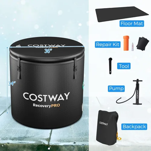 Miniatura 8 de COSTWAY L - Tina de baño de hielo ovalada de 79 galones con tapa, bañera inflable portátil para exteriores con mochila, bomba, para terapia de frío