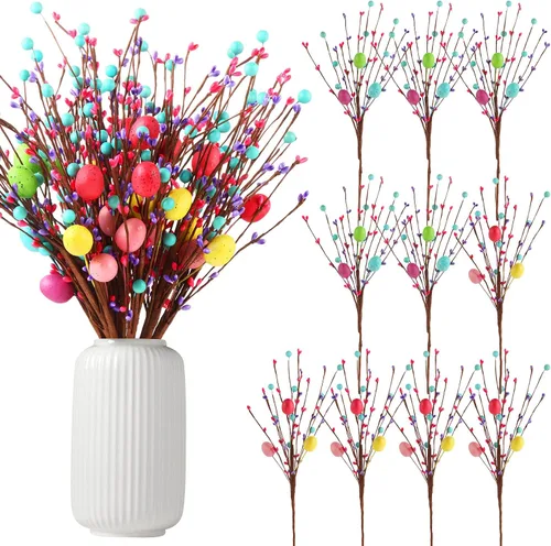 10 piezas de plantas artificiales de Pascua, tallos de bayas y corazones, flores artificiales de 16 pulgadas, ramo de ramas de tallo de ramita,