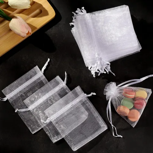 Miniatura 3 de ENNIYU Bolsas de organza transparente, bolsas de recuerdo de fiesta de boda de 3 x 4 con cordón, bolsas de regalo de malla blanca para regalos Blanco