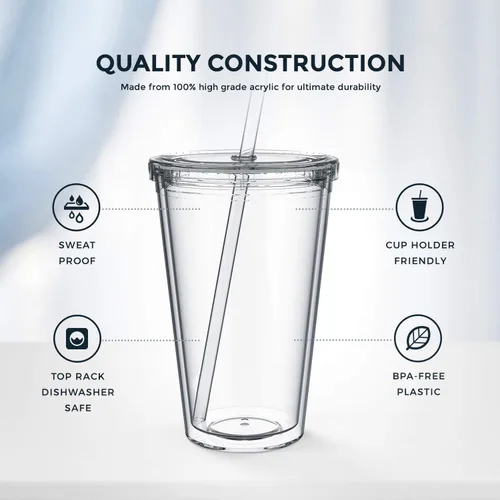 Miniatura 5 de Maars - Vaso transparente clásico con tapa y pajilla, acrílico prémium de 16 onzas, vasos reutilizables de plástico de doble pared con aislamiento