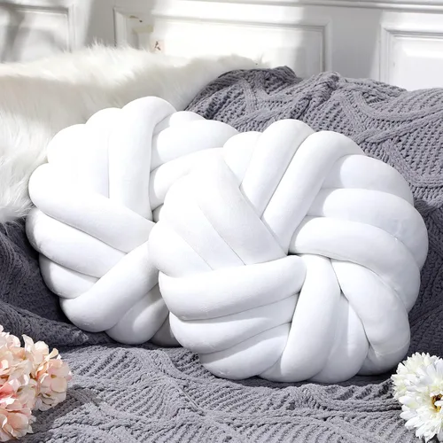 Miniatura 5 de Fumete 2 Piezas Almohadas de Nudo Redondas de 14 Pulgadas Almohada de Bola de Nudo de Felpa Suave Hecha a Mano Anudada Cojín Decorativo Moderno