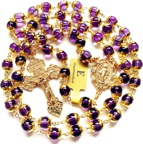 Miniatura 3 de elegantmedical HECHO A MANO ORO NATURAL 8MM AMATISTA CUENTAS ROSARIO CRUZ CATÓLICO COLLAR CAJA DE REGALO, Cristal