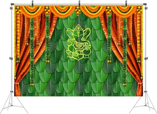 Miniatura 3 de Ticuenicoa Fondo de fotografía tradicional India Pooja de 7 x 5 pies, diseño de hojas de plátano, fondo verde de Chatiya Ganesh, fondos de Puja