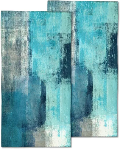 Juego de 2 toallas de mano verde azulado y gris, pintura de arte abstracto, toallas de cocina con punta de los dedos, 28 x 14 pulgadas, paño suave