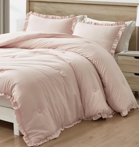 Miniatura 7 de Chezmoi Collection Nora Blush - Juego de edredón tamaño individual, 2 piezas, ligero, suave, lavado a la piedra, con volantes, ropa de cama Shabby