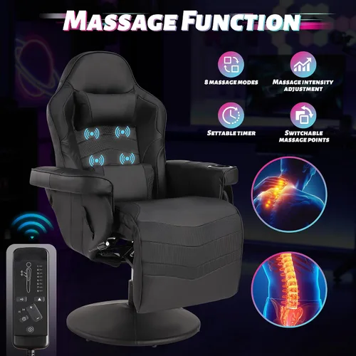 Miniatura 5 de Silla reclinable con altura ajustable, silla de juegos de PU con masaje, reposapiés largo y soporte lumbar, silla giratoria de respaldo alto