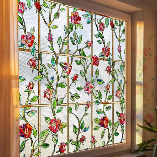 Windimiley Película decorativa para ventana de vitral, 3D con diseño floral de rosas, película adhesiva estática de privacidad que difunde la luz