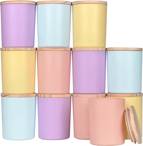 Miniatura 53 de SHOWIN Tarros de vela gruesos de 14 OZ para hacer velas 12 Piezas, tarros vacíos de 3 mechas con tapas de madera para hacer velas, recipiente