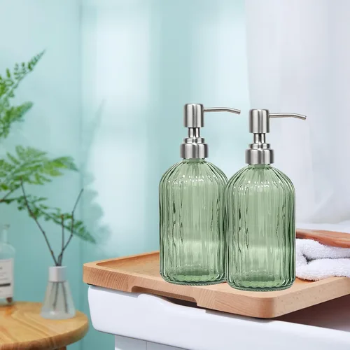 Miniatura 4 de Dispensador de jabón verde de 14 onzas para baño, paquete de 2, dispensadores de jabón de manos de vidrio transparente con bomba de acero