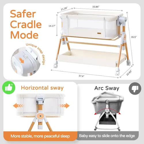 Miniatura 5 de Moisés de bebé 3 en 1, moisés de cabecera/mecedora para bebé, cuna de cabecera con ruedas bloqueables, colchón impermeable, 6 alturas ajustables