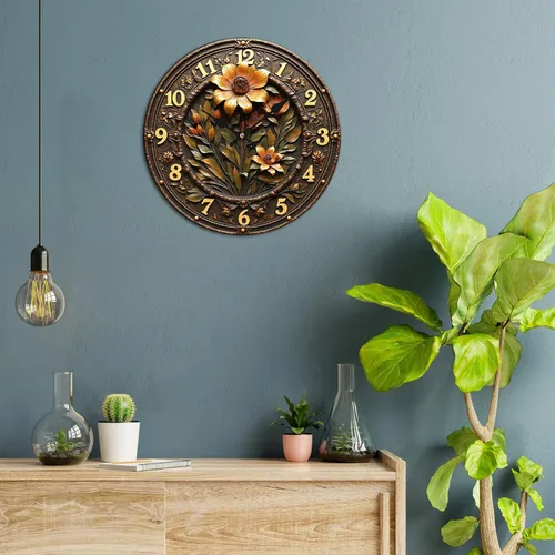 Miniatura 2 de Reloj de pared de madera de flor ornamentada de bronce con detalle grabado en relieve 9.8x9.8 in