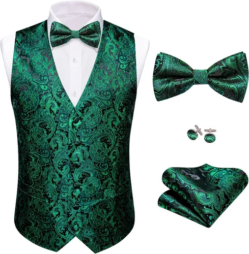 Miniatura 9 de Barry.Wang Conjunto de chaleco de pajarita para hombre, chaleco con cuello en V de seda jacquard de cachemira, gemelos de pañuelo formal/ocio, boda