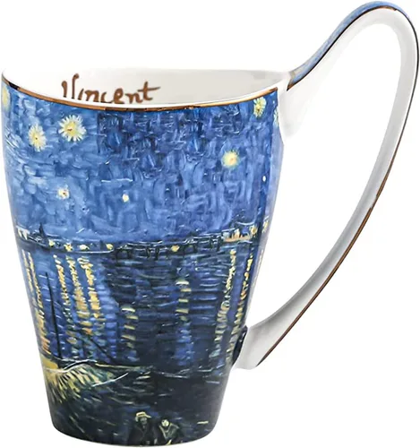 Miniatura 11 de Taza de café de porcelana de hueso YBK Tech, taza grande de 16oz de té - Diseño inspirado en las pinturas de Van Gogh (flor de albaricoque)