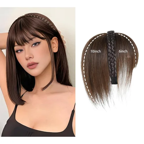 Miniatura 6 de viviaBella Diadema de trenza trenzada de 10 pulgadas para mujer, extensiones de cabello humano con clip y flequillo (rojo cobre)