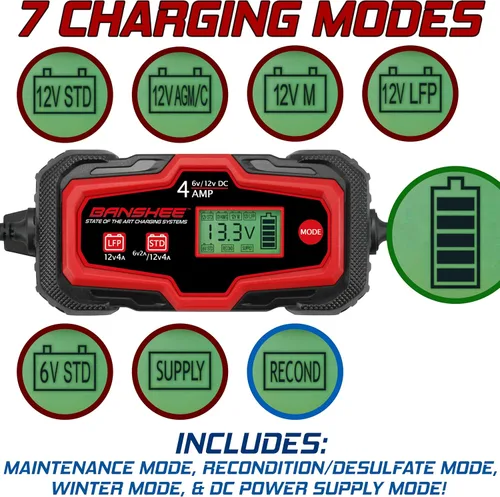 Miniatura 3 de Banshee Cargador de batería inteligente de automóvil 4A, cargador automotriz de 6 V y 12 V, mantenedor de batería, cargador de goteo y cargador