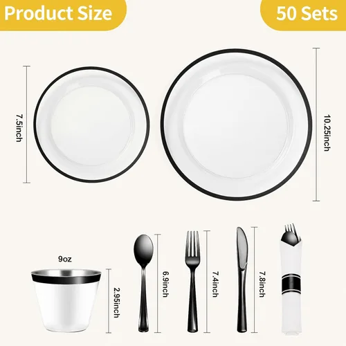 Miniatura 3 de Goodluck Juego de 350 piezas de vajilla de plástico negro para fiesta, platos desechables transparentes para 50 invitados, incluye: 50 platos